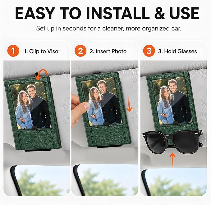 2-in-1 Car Visor Sunglasses & Photo Holder, Magnetic PU Leather Glasses Clip with Picture Display Slot, Universal Sun Visor Organizer for Eyeglasses, Personalized Cards & Memories, Green - Image 4