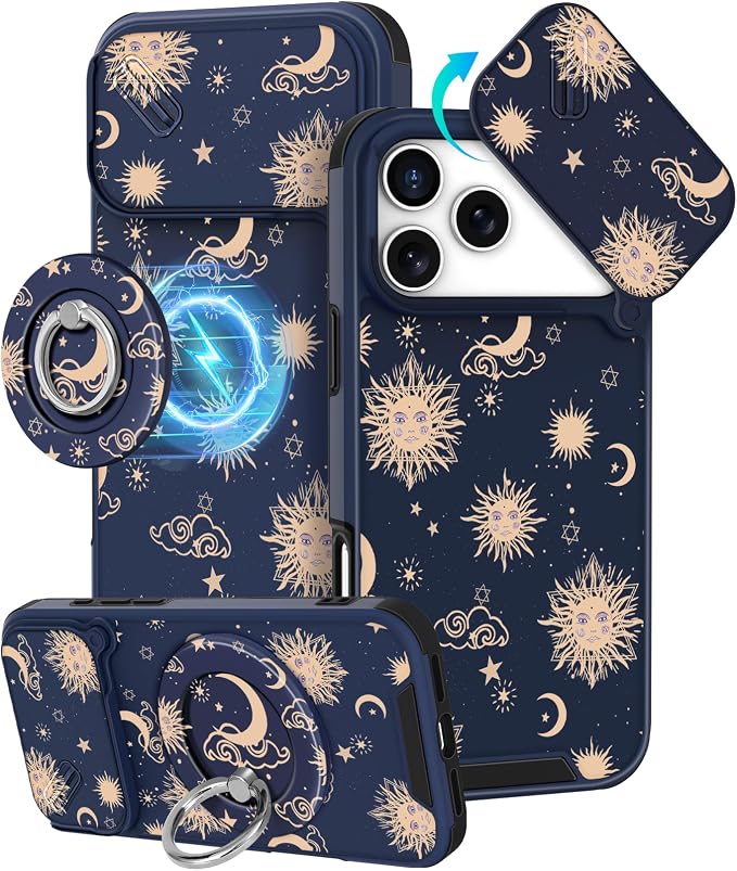 Buleens for iPhone 17 Pro Case 6.3 Inch - with Ring Stand & Camera Cover Aesthetic Cute Designed for Women Girls Girly Kawaii Sun Moon Stars Unique Phone Case for iPhone 17 Pro Compatible with Magsafe by Buleens