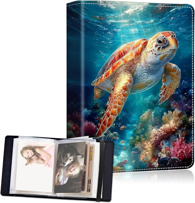 Small Photo Album 5x7, 60 Pockets Holds 120 Photos, Slip-in Pocket Photo Album with Black Elastic Band for Family Wedding Baby Travel Pictures, Cute Sea Turtle by Unknown
