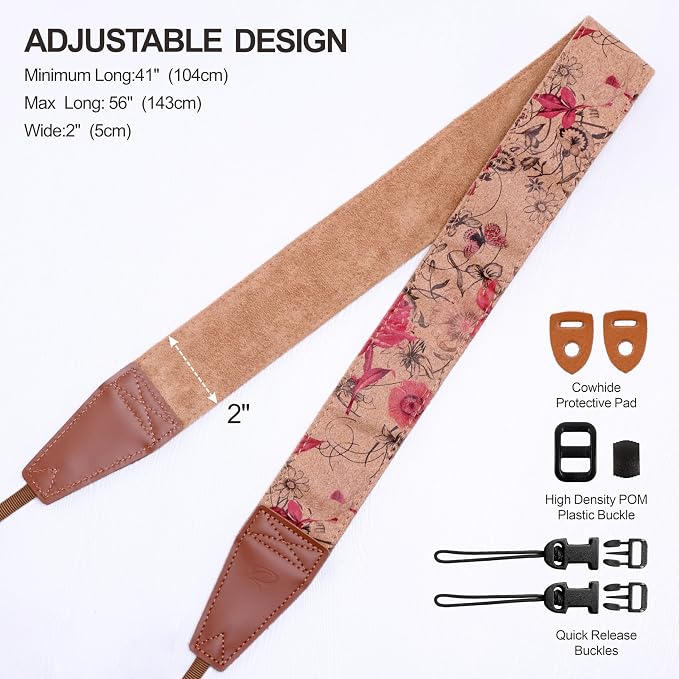 Padwa Lifestyle Cork Camera Strap - 2" Top Layer Cowhide Head Camera Straps for Photographers,Natural Log Crackle Art Print Style,Soft Chamois Velvet Padded Strap Quick Release fits All Cameras - Image 7