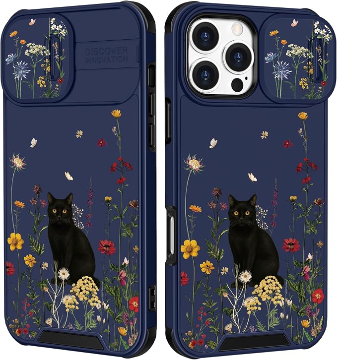 for iPhone 16 Pro Case - Women Cute Phone Cover Girly Pretty Fancy Unique Aesthetic Design Slide Camera Cover Protective Case for Apple for iPhone 16 Pro,Black Cat by Goocrux