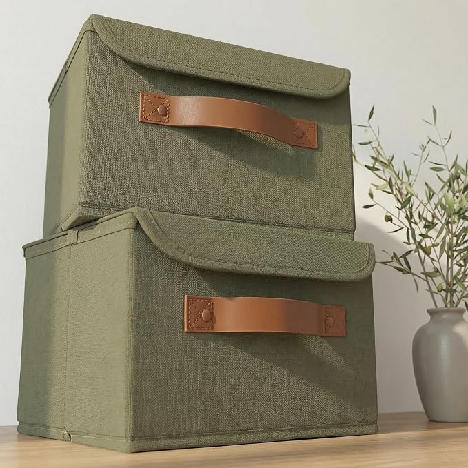 Decorative Linen Storage Boxes with Lids - Spacious Set of 2 Organizer Bins | The Perfect Small Container for Home Decor - Safely Store Photos, Documents and Memory Box Keepsakes in Style by ZICOTO