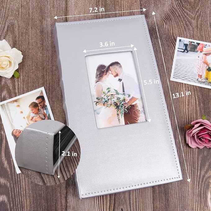 RECUTMS Photo Albums 4x6 300 Photos PU Leather Album for Wedding Silver | Black Pages, Horizontal Pockets, Small Album for Family, Christmas Graduation Picture Book, DIY Cover Window, Slip in Picture - Image 2