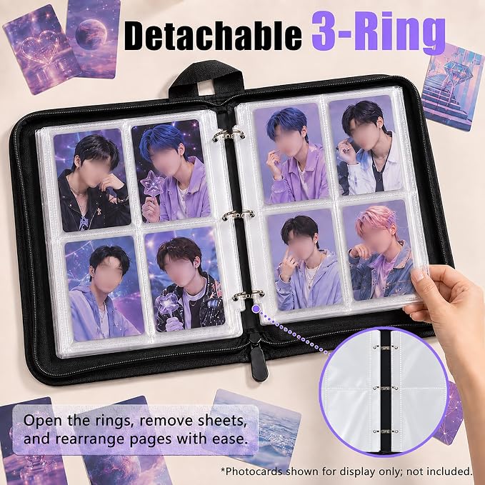 Cute Trading Photocard Binder, STAY Photo Album Cartoon Card Holder Book Storage 400 Cards with Sleeves for Lomo Cards Gift - Boys & Girls, idol Photo Protect (Black, 4 Pockets) - Image 3