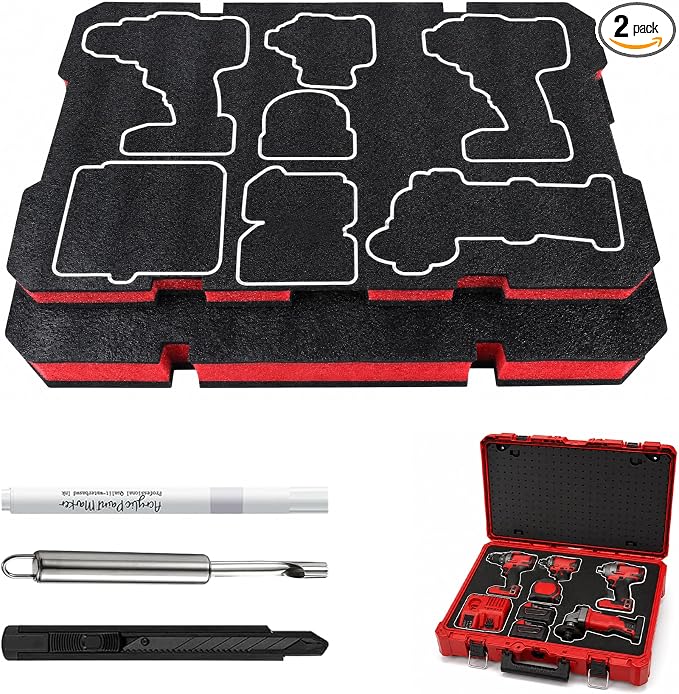 2-Pack Foam Inserts for Milwaukee Packout 48-22-8424, Customizable Polyethylene Tool Box Foam for Hard Case Storage, Shadow Board ToolBox Organizer Sheet with Marking and Cutting Tools by GBAutobrand