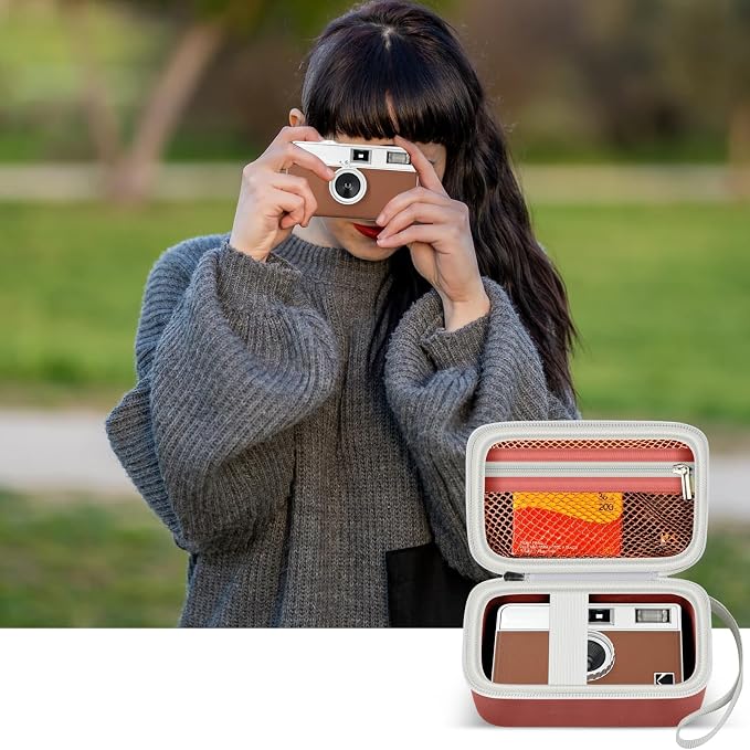 Film Camera Case for Kodak EKTAR H35 H35N Half Frame Film Camera | Camera and 35mm Film Rolls Storage, Mesh Pocket for Small Accessories, Travel and Home Organization; Large, Brown, Case Only - Image 7