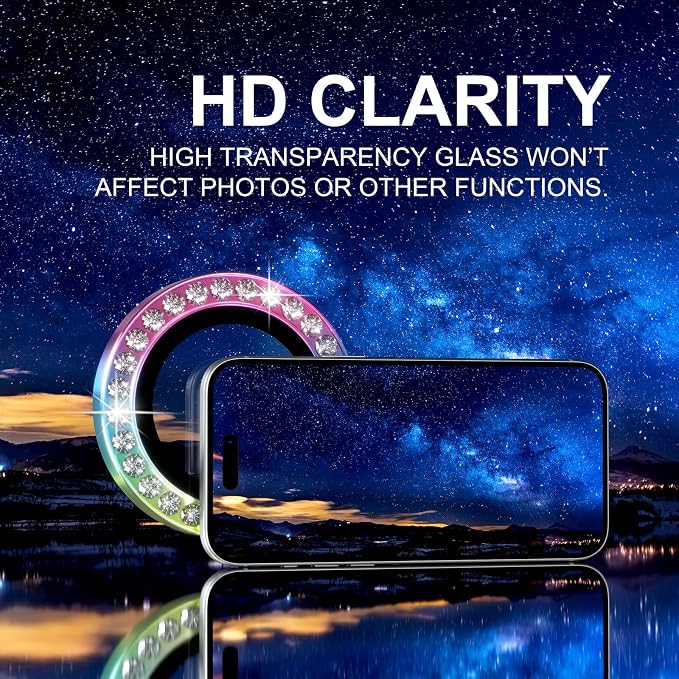 Choiche for iPhone 17 Pro/iPhone 17 Pro Max Camera Lens Protector | Ultra HD, Bling 9H Tempered Glass Camera Cover Screen Protector Metal Ring Decoration Accessories (Diamond-Colorful) - Image 5
