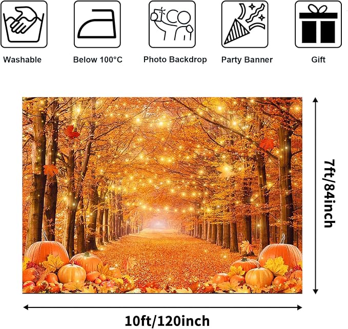 10x7ft Fall Thanksgiving Photography Backdrop | Cotton Fabric, Maple Forest Pumpkin Print, Fall Party Decor, Fall Harvest Friendsgiving Party Photo Booth Background - Image 2