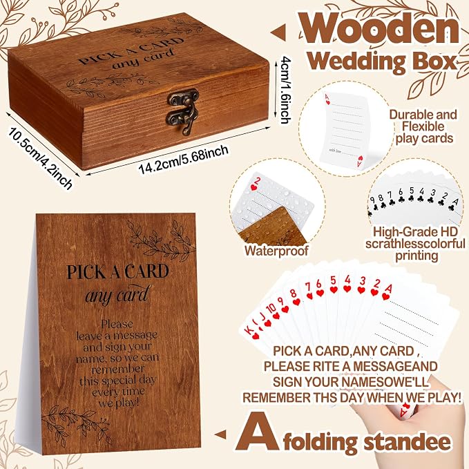 AceOrbit 57 Pack Rustic Wedding Guest Book Playing Card Set with Wooden Box | Wedding Signing Guestbook Alternative Personalized Blank Deck of Cards for Farmhouse Country Reception Bridal Shower Games - Image 3
