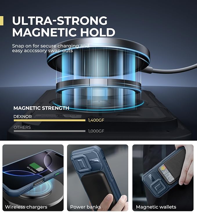 Dexnor for iPhone 16 Pro Case with Slide Camera Cover & Adjustable Kickstand, Magnetic Rugged Shockproof Bumper Cases Heavy-Duty Mangetic Protective Cover,Navy Blue - Image 3