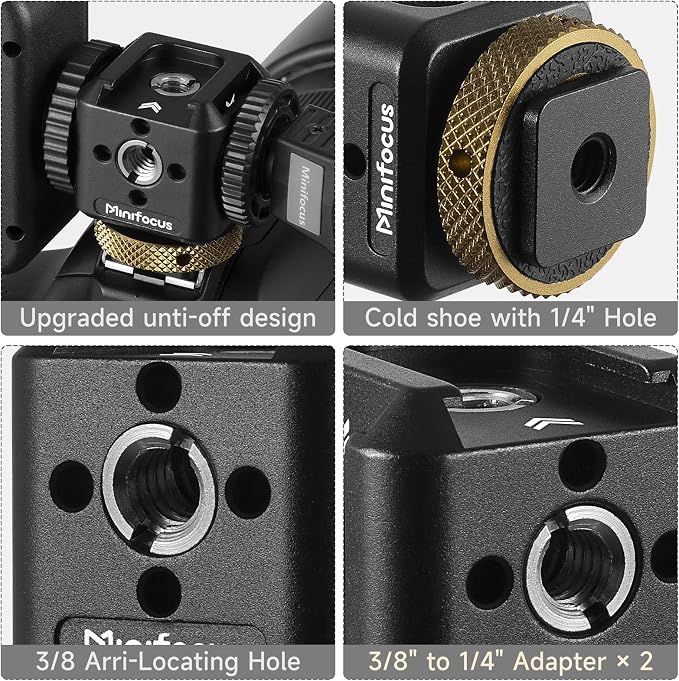 Camera Hot Shoe Extension Bracket Cold Shoe Mounts Adapter(Black) | Aluminum Shoe Mount Holder with 1/4''&3/8'' Thread Hole and Arri-locating Hole, For Microphone LED Video Light - Image 6