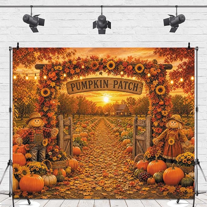Fall Pumpkin Patch Backdrop 8x8ft Thanksgiving Autumn Harvest Scarecrow Sunflower Photography Background Fall Pumpkin Leaves Theme Baby Shower Party Decorations Photo Booth Props Vinyl - Image 4