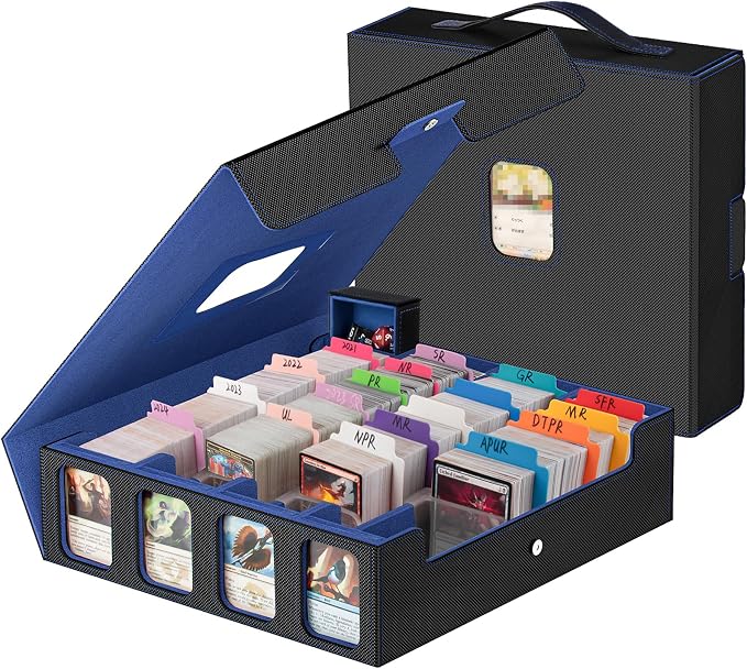 4-Row Trading Card Storage Box, Holds 3200+ Cards [US Patent], Black & Blue | Large Capacity, Portable Handle & Display Windows, Compatible with MTG, Commander, Sports Cards and Other Standard TCG Cards by Gomyrod
