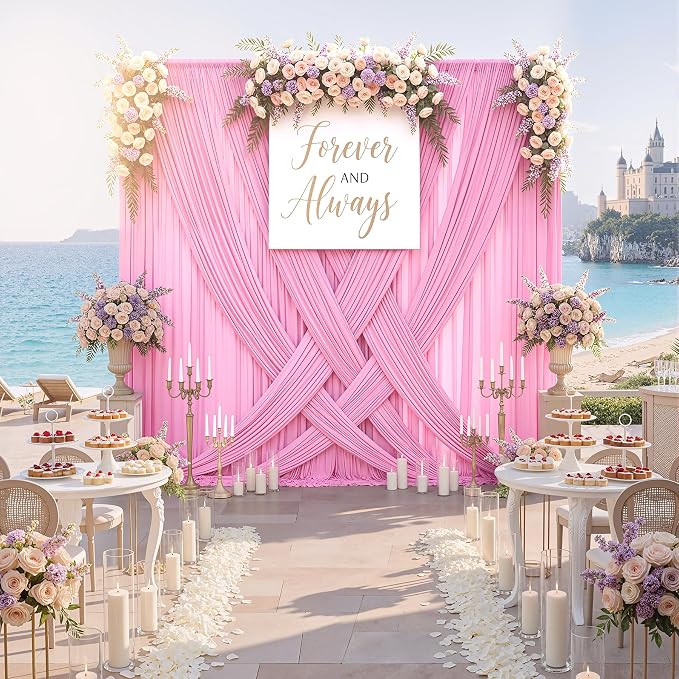 50ftx10ft Wrinkle Free Pink Backdrop Curtains for Party Background, 10 Panels 5x10ft Silky Polyester Photo Backdrop Drapes Back Drop Cloth for Wedding Birthday Photography Baby Shower Decor - Image 3