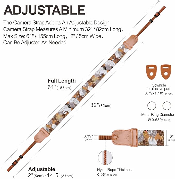 Padwa Lifestyle Brown Crane Camera Strap - 2" Cowhide Leather Head Cotton Camera Straps for Photographers,Vintage Japanese Art Print Adjustable Neck & Shoulder Strap for ALL DSLR/SLR Cameras - Image 5