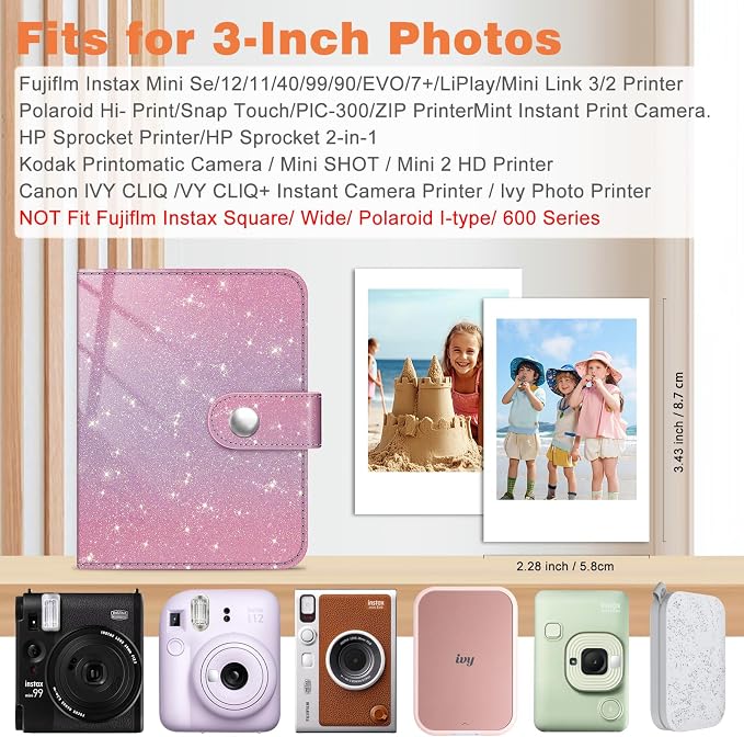 Fintie Mini Photos Album Book for 2x3 Inch Films - 52 Pockets Small Albums | For Fujifilm Instax Mini, Polaroid Hi-Print Pictures, Portable Kpop Photocard Holder, Travel Memory Book, Glitter Purple/Pink - Image 2