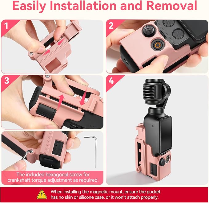 AMAZEAR Magnetic Mount Stand Compatible with DJI Osmo Pocket 4P/4/3/Xtra Muse, Pocket4 Accessories Adapter Clamp Magnet Suction Case Holder on Desktop/Vertical Surface, 180° Adjust Handle, Lightpink - Image 9