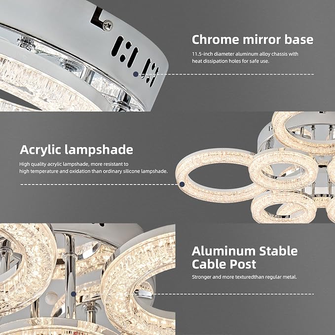 Modern Ceiling Light, 8 Rings 26.8'' Dimmable LED 106W Flush Mount Ceiling Lights with Remote Acrylic Crystal Round Ceiling Light Fixture, Bedroom Living Room Dining Room, Chrome - Image 4