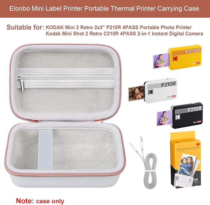 Elonbo Carrying Case for KODAK Mini 2 Retro 2x3 Portable Photo Printer | Bluetooth Smartphone Instant Color Printer Hard Travel Protective Bag, Mesh Pocket fits Cartridge Photo Paper Sheets, White - Image 2