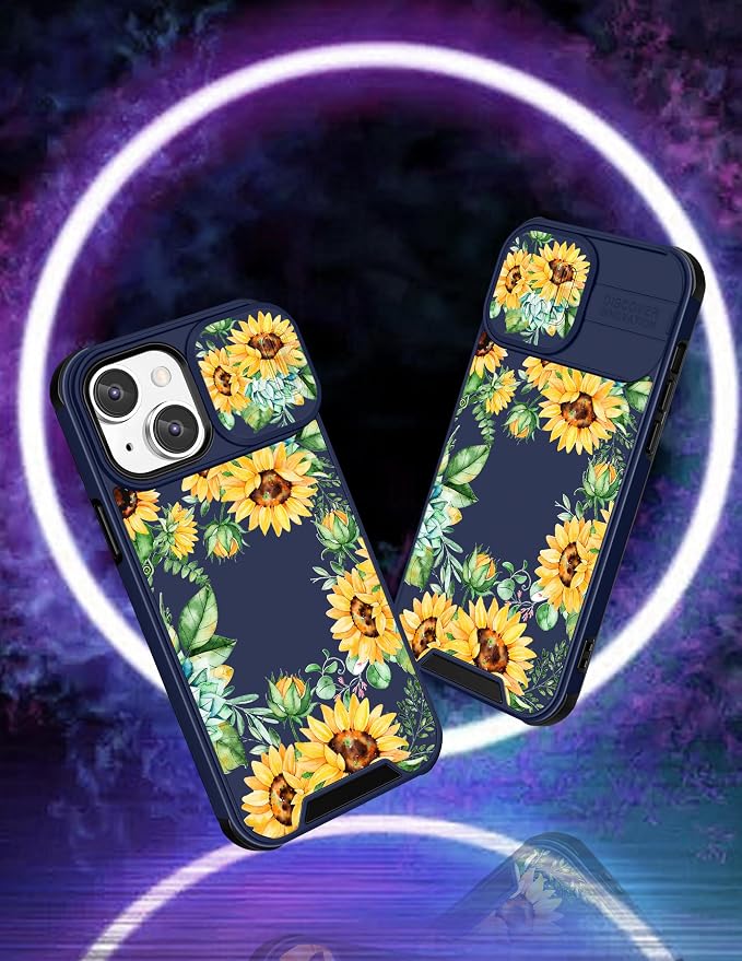 (2in1 for iPhone 15 Case Sunflower Floral for Women Cute Phone Cover Girly Pretty Blue Sun Flowers Unique Teen Design with Slide Camera Cover Protective Stand Holder for iPhone 15 Cases 6.1'' - Image 4