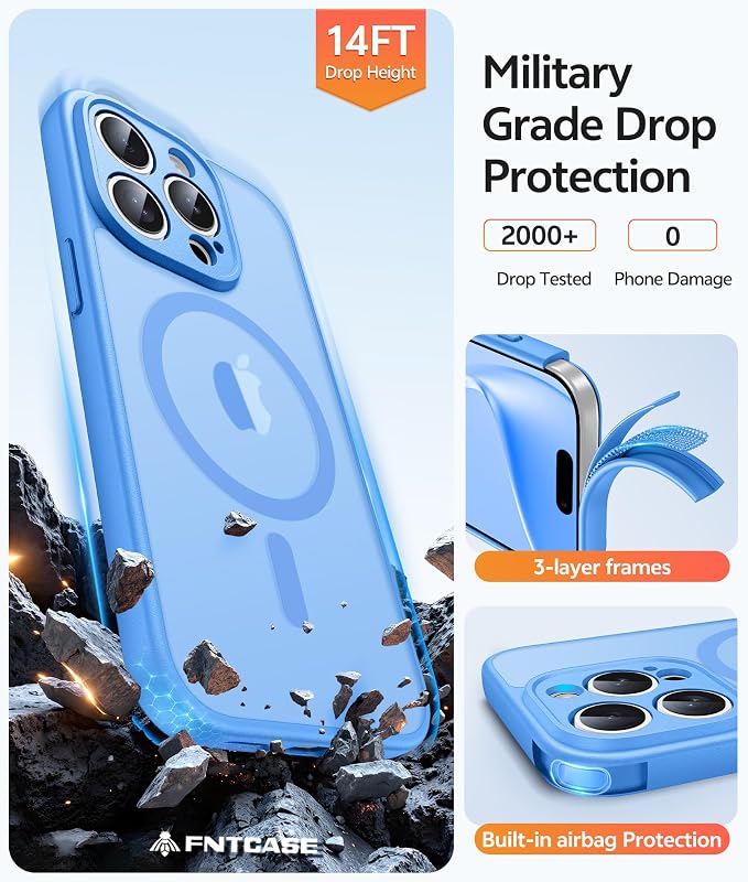 FNTCASE for iPhone 15 Pro Max Case, Fit for Magsafe, Glass Screen Protector | Full Camera Protection, Translucent Matte, 14FT Military Grade Drop Proof, Shockproof Protective Phone Cover, Ice Blue - Image 5