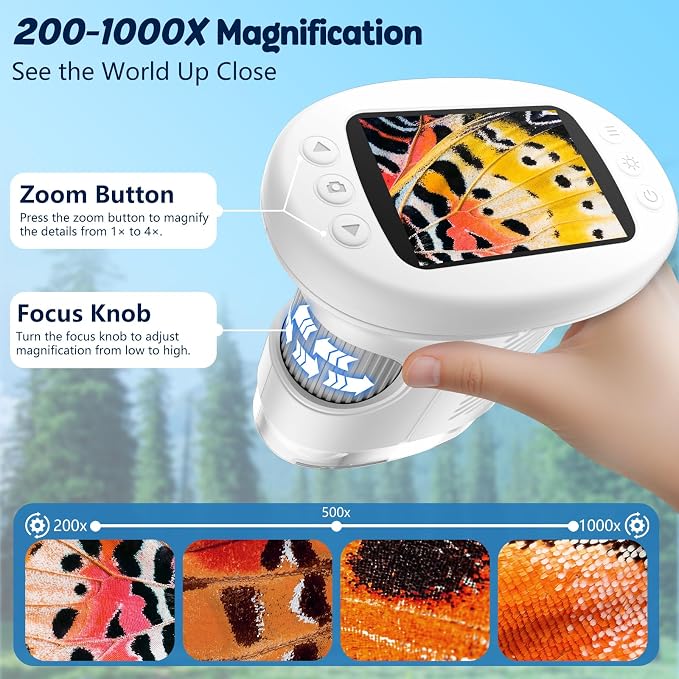 Odatay 4K 1000X Digital Microscope for Kids with 32G Card, Long Distance Viewing & 2.4" Screen Portable Handheld Edu Toys for Age 3-12 Exploring Bugs Plants at Home Classroom & Outdoor Travel, White - Image 5