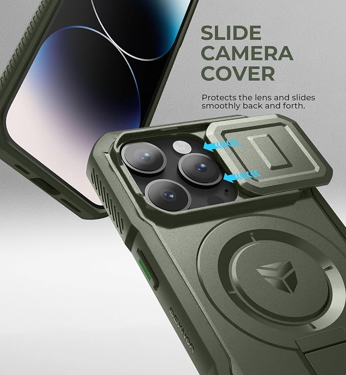 Dexnor for iPhone 14 Pro Case with Slide Camera Cover & Adjustable Kickstand, Compatible with MagSafe, Rugged Shockproof Bumper Cases Heavy-Duty Magnetic Protective Cover,6.1 inch,Army Green - Image 4