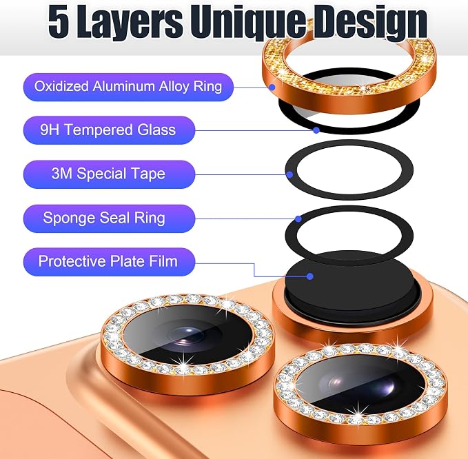 AGVEE 3+3 6 Pack for iPhone 17 Pro & Max Camera Lens Protector Cover | Individual Bling Diamond & Bling Glitter Sparkle Cute Gem Metal Ring, 9H Tempered HD Glass - Image 7