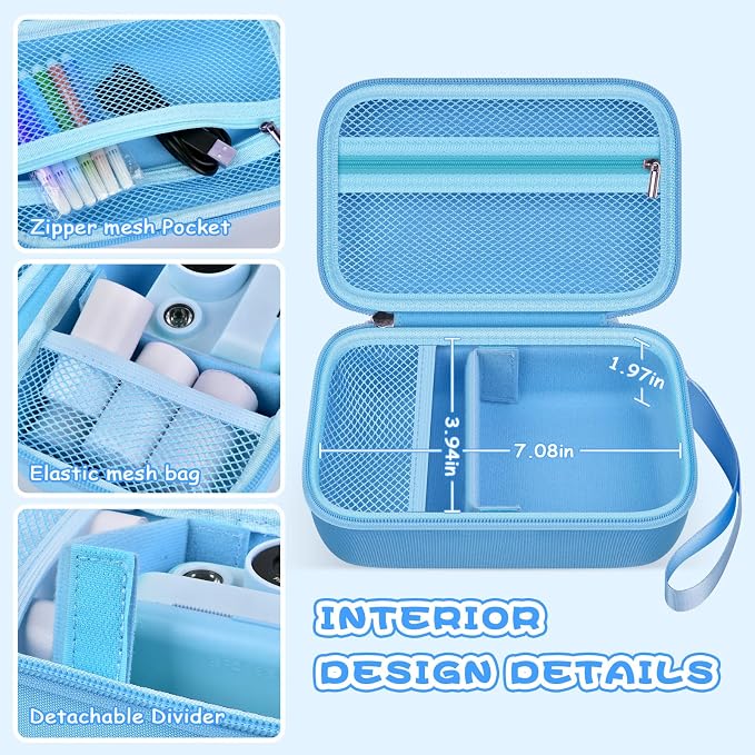 Boobowl Kids Instant Print Camera Case for Dylanto, for Gofunly Cameras | 3 Included Paper Rolls, Adjustable Divider, Mesh Pocket and Shoulder Strap for Kid Travel, Photo Storage, Box Only - Blue - Image 3