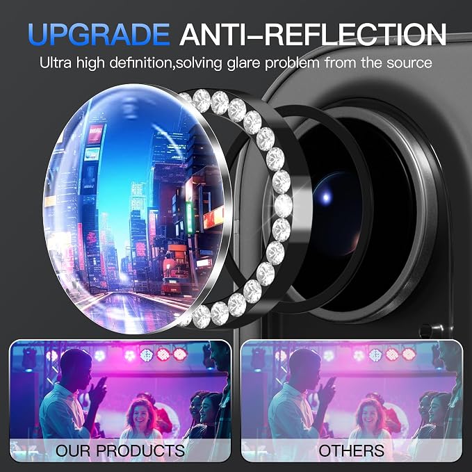 Suoman for iPhone 17 Camera Lens Protector, Glitter Diamond Individual Metal Tempered Glass Camera Lens Cover [Strong-Adhesion][Does not Affect Night Shots] -Black - Image 3