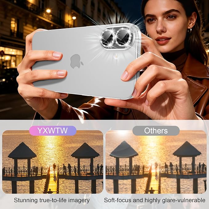 YWXTW [All-Over Glitter Camera Lens Protector for iPhone 17/iPhone 16/iPhone 16 Plus, 9H Tempered Glass Camera Lens Cover, Anti-Scratch Case Friendly(Silver) - Image 4