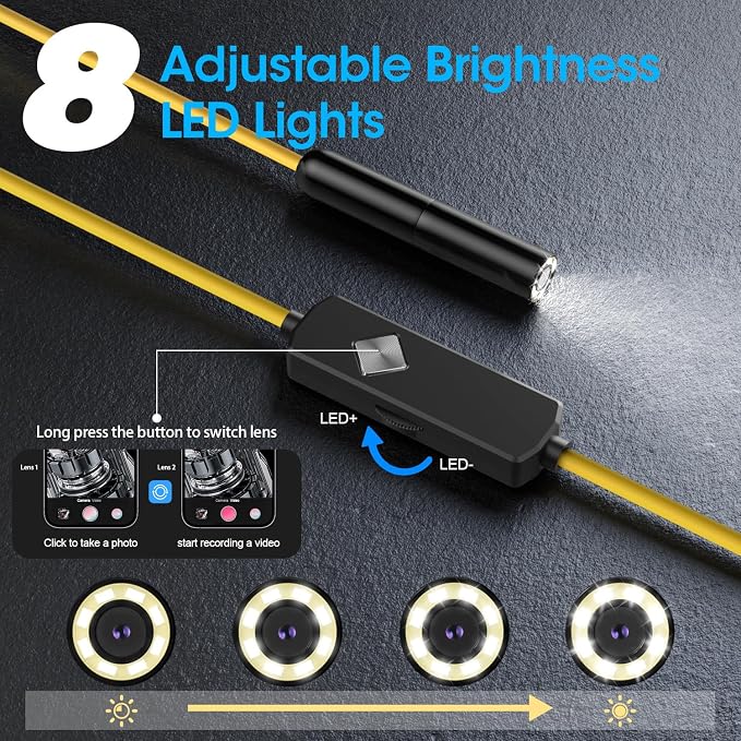 Endoscope with Light, 1920P HD Borescope with 8 Adjustable LED Lights, Semi-Rigid Snake Camera, IP67 Waterproof Inspection Tool (16.4ft, Yellow Harness + Single Lens) - Image 3