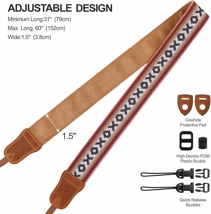 Padwa Lifestyle Camera Strap - 1.5" Crazy Horse Cowhide Ends Embroidered Camera Straps for Photographers, Cute Cotton Weave Soft Suede Fabric Padded Strap fits All Cameras for Adults & Kids - Image 6