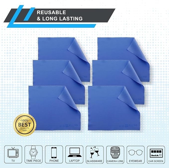 Eco-Fused Microfiber Cleaning Cloth - 7x6'' Microfiber Cloth - Pack of 6 Blue Lens Cleaning Wipes - Cleaning Cloth for Glasses, Eyeglasses, Camera Lens & Phones - Image 2