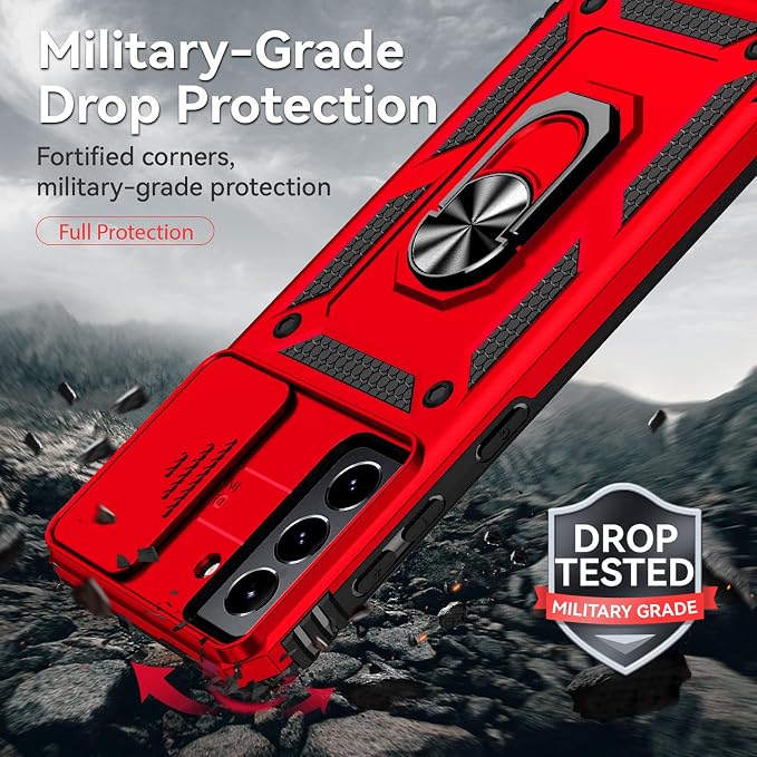 HNHYGETE for Galaxy S21 Case with Screen Protector: [Military Grade 20ft. Drop Tested] Ring Shockproof Protective Phone Case for - Samsung Galaxy S21 (Red) - Image 3
