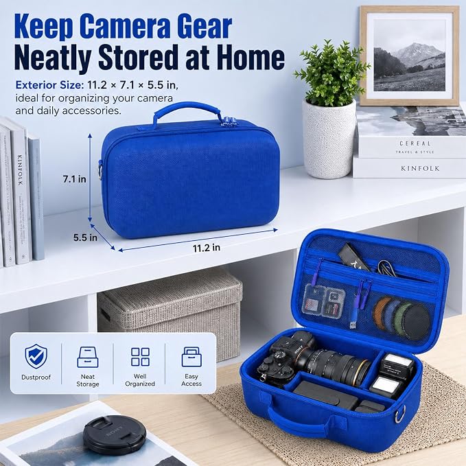 Camera Case for Canon EOS Rebel T7/R50/R100/for Sony a7iv/Mirrorless | EVA hard shell, Oxford fabric, 4 adjustable dividers and 3 mesh pockets for camera travel and home storage-Blue (Case Only) - Image 8