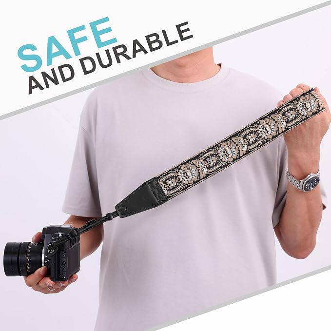 Padwa Lifestyle Camera Strap - 2" Full Grain Leather Ends Camera Straps for Photographers, Vintage Embroidered Cotton Weave Soft Suede Fabric Padded Strap Quick Release fits All Cameras - Image 7