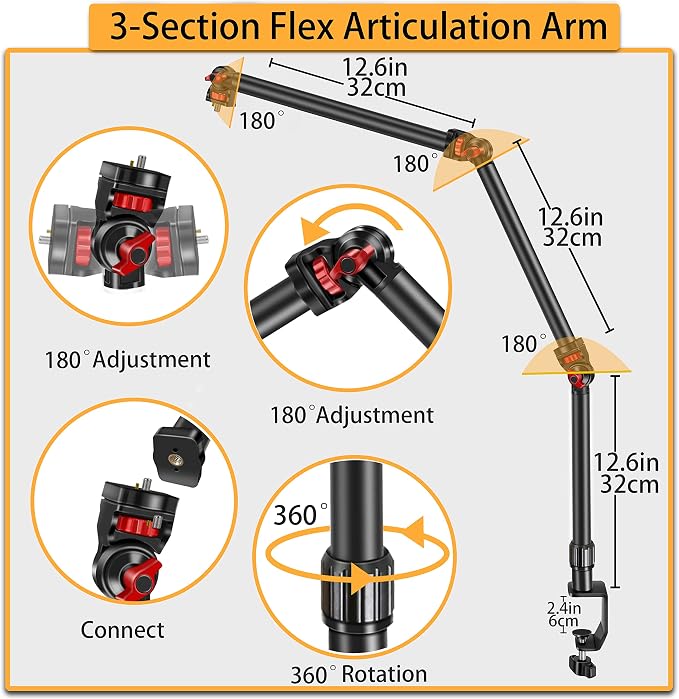 Overhead Camera Mount Desk Stand, 3-Section Detachable Articulating Arm | with 1/4“ 3/8" 5/8" Screw&360° Ball Head, C-clamp Tabletop Mount for DSLR Camera/Webcam/Microphone/Lights - Image 4