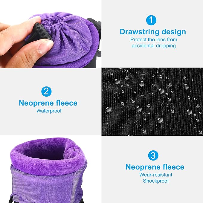 PATIKIL Camera Lens Bag, 2 Pcs 3.7" ID x 9.8" H Cylindrical Drawstring Lens Pouch with Thick Protective Neoprene, Lens Case for DSLR Camera Lens, Water Coffee Cups Black, Purple - Image 4