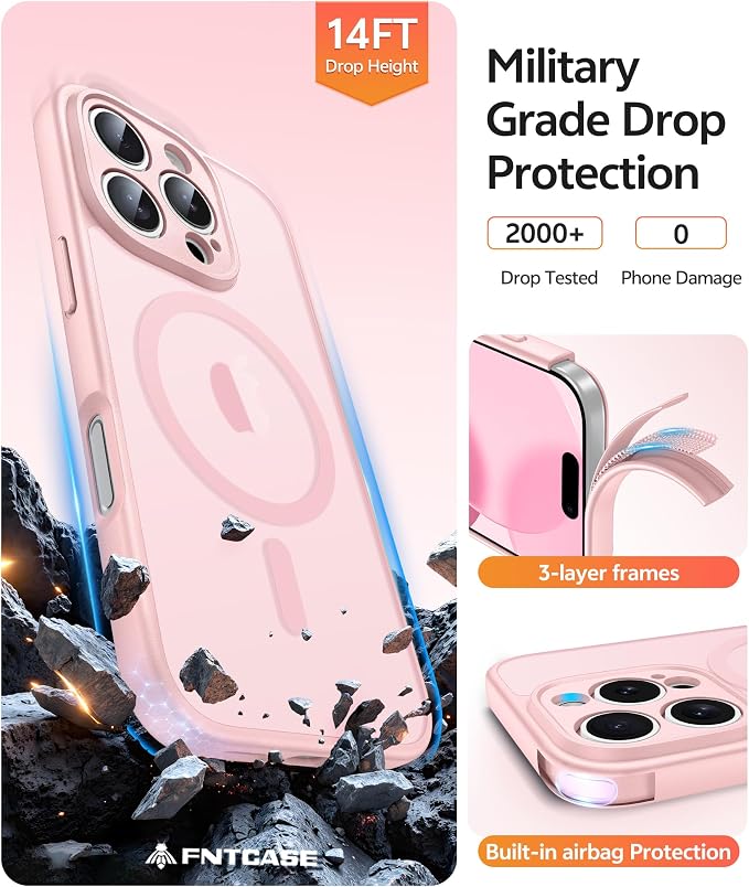 FNTCASE for iPhone 16 Pro Max Case, Fit for Magsafe, Glass Screen Protector | Full Camera Protection, Translucent Matte, 14FT Military Grade Drop Proof, Shockproof Protective Phone Cover, Light Pink - Image 5
