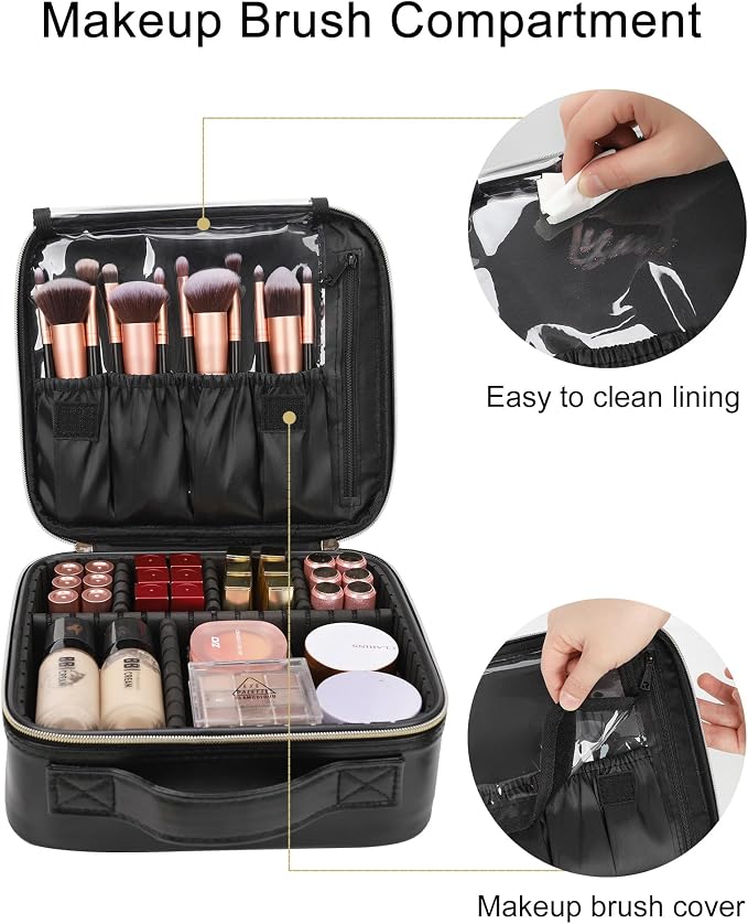 Relavel Makeup Bag, Travel Cosmetic Train Case Organizer Portable Artist Storage Bag with Adjustable Dividers for Cosmetics Makeup Brushes Toiletry Jewelry Digital Accessories Quilted Leather Black - Image 3