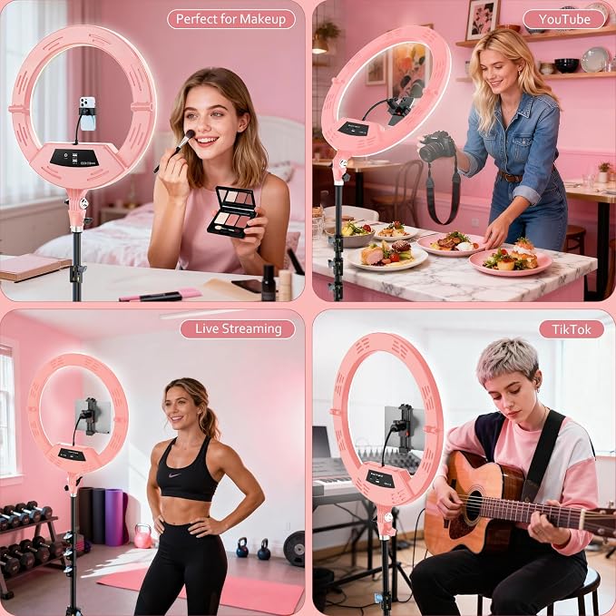 22" Ring Light with Stand: Touch Screen LED Display & 75" Tall Tripod, | 3 Color modes 6500K / 2 USB Ports Foldable LED Big Ring Light Tripod for Live Stream,YouTube,TikTok Video Shooting, Pink - Image 4