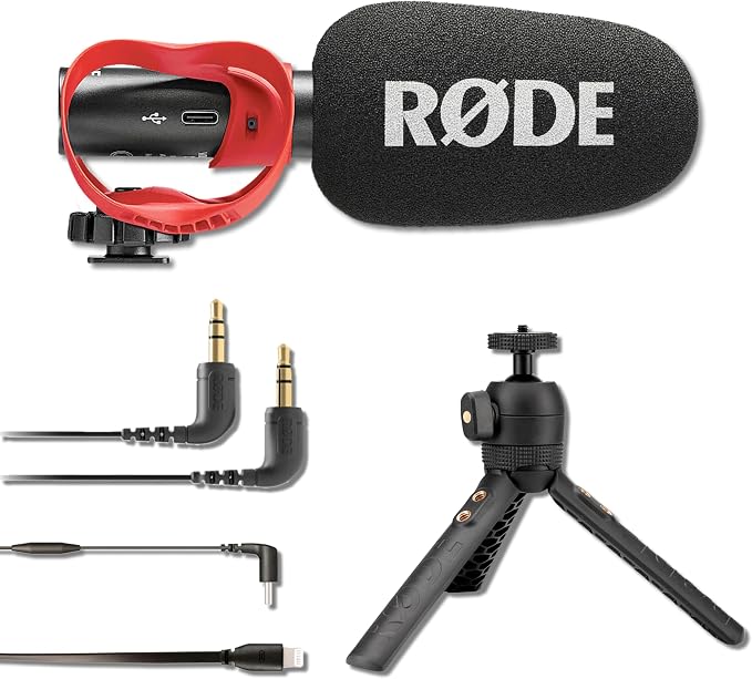 Rode VideoMic GO II Compact Shotgun Microphone Bundle with SC15 USB-C to Lightning Cable and Tripod 2 Tabletop Mount + Handheld Grip — 24-Bit Camera Mic for Podcasting, Mobile Journalism, Vlogging by StreamEye