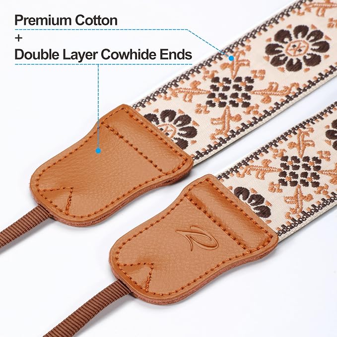 Padwa Lifestyle Elegant Brown Floral Camera Strap - 2" Cowhide Head Camera Straps for Photographers,Adjustable Vintage Jacquard Embroidery Woven Cotton Shoulder Neck Strap for Cameras,Binoculars - Image 2