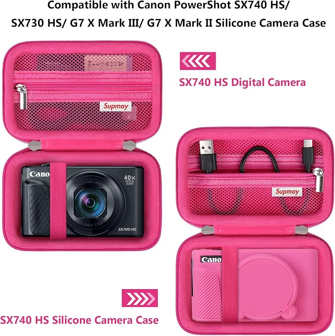 Carrying Case for Canon PowerShot SX740 HS, SX730 HS Camera, Rosered | SX720 HS, SX620 HS, G7 X Mark III, G7 X Mark II Digital Camera, Storage Holder Travel Bag with Mesh Pocket for Battery Pack - Image 3