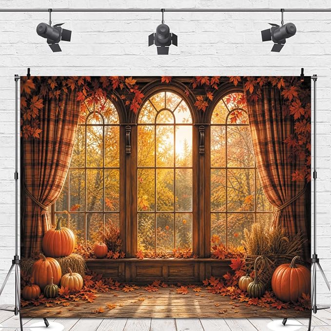 Autumn Fall Window Backdrop 10x8ft Rustic Wooden Arched Window with Pumpkin Maple Leaves Thanksgiving Harvest Photo Background for Party Decor Portrait Photography Booth Props Vinyl - Image 4