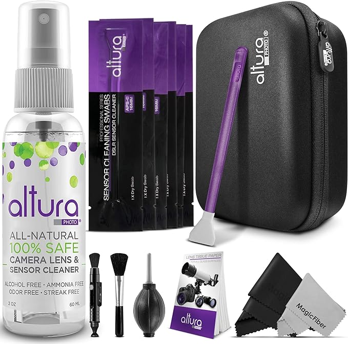 Altura Photo Camera Cleaning Kit, APS-C Sensor Cleaner for DSLR Mirrorless | Streak-Free Results, Includes All-Natural Cleaner, Swabs, Pen, Blower, Brush, Cloth & Hard Case by AlturaPhoto