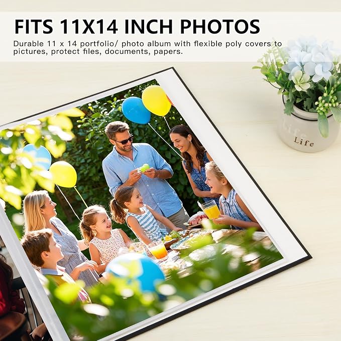 11x14 Photo Album Holds 64 Photos, Linen Cover Art Portfolio 11x14, Photo Album Art Portfolio Folder with Clear Plastic Sleeves for Kids & Artists Artwork Drawing, Black - Image 2