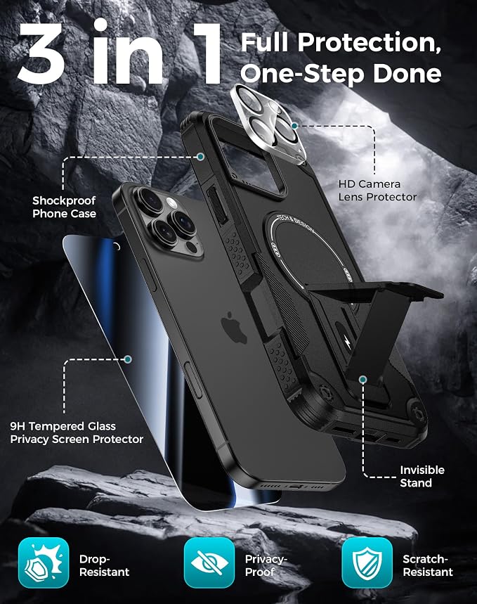 Goton 3 in 1 for iPhone 16 Pro Max Case with Privacy Screen Protector Black | Glass Camera Lens Protector,Compatible for MagSafe,Invisible Kickstand, Shockproof Phone Cover for iPhone 16 Promax - Image 3
