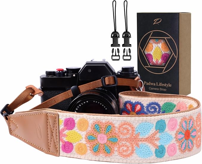Padwa Lifestyle Colorful Crochet Camera Strap - 2" Full Grain Leather Ends Camera Straps for Photographers, Vintage Woven Cotton Soft Suede Fabric Padded Strap with Quick Release fits All Cameras by PadwaLifestyleCameraStrap